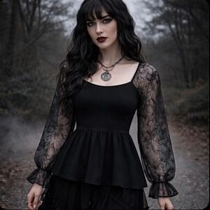 Maurices Velvet Lace Sheer Long Sleeve Slinky Knit Top XS Black Witch Gothic Emo
